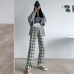161 # Wijde Pijpen Losse Rechte Moederschap Volledige Lange Broek Elastische Taille Buik Plaid Kleding Voor Zwangere Vrouwen Casual Zwangerschap