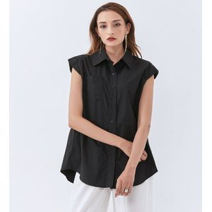 Twotwinstyle Toevallige Zwarte Blouse Voor Vrouwen Revers Mouwloze One Size Minimalistische Losse Overhemd Vrouwelijke Zomer Mode Tij