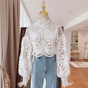 Elegante Kant Shirt Wit Kant Blouse Voor Vrouwen Sexy Hollow Geborduurde Lantaarn Mouw Stand Kraag Korte Shirts Blusas