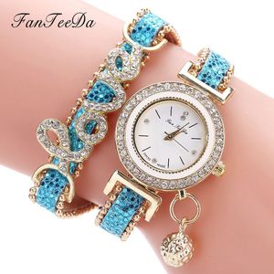 Fanteeda Top Vrouwen Armband Horloges Dames Liefde Lederen Band Strass Quartz Polshorloge Luxe Mode Quartz Horloge