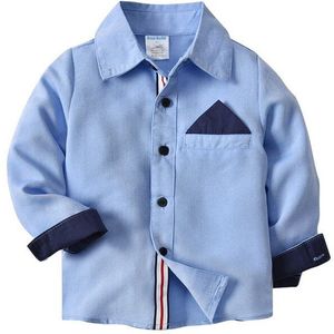 Lente Herfst Kleine Jongens Shirt, creatieve Blauwe Kleur Bijpassende Revers Lange Mouwen Single-Breasted Top Kinderen Casual Kleding