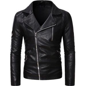 Slim Fit Heren Leren Jas Motorfiets Jas Ritsen Pocket Revers Lange Mouwen Pu Leather Jacket Mannen