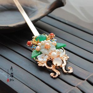 Klassieke Bloem Parel Groen Blad Haarspeld Kanzashi Handgemaakte Haar Ornamenten Super Fee Haar Stok Hanfu Haaraccessoires Cosplay