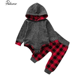 Baby Lente Herfst Kleding Pasgeboren Baby Jongens Meisje Hooded Jumpsuit Tops Broek Winter Katoen Gecontroleerd Patchwork Kleding Set