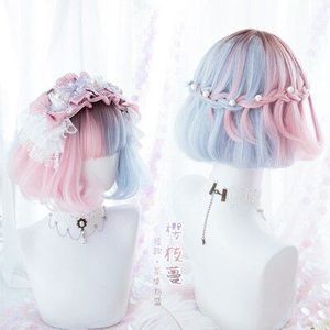 Japanse Lolita Kort Krullend Haar Pruiken Roze Blauw Gradiënt Zoete Prinses Harajuku Kawaii Party Cosplay Pruik + Cap Accessoires