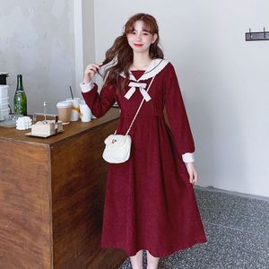 Franse Retro Sailor Kraag Strik Taille Afslanken Midi Jurk Herfst Winter College Stijl Lange Mouwen Kawaii Sweet Lolita Dress