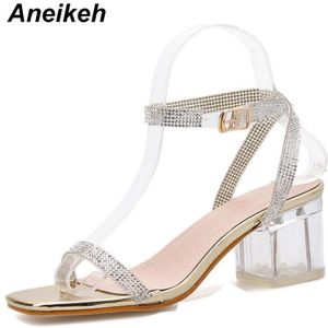 Aneikeh Glitter Rhinestone Clear Pvc Transparante Sandalen Vrouwen Schoenen Peep Toe 5 Cm Hoge Hakken Sandaal S Zomer Party schoenen