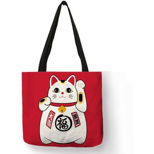Japanse Lucky Cat Tote Tas Linnen Boodschappentassen Met Print Vrouwen Mode Handtassen