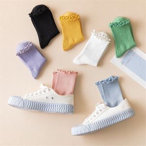 7 Paar Pack Ruffle Stroken Kant Sokken Vrouwen Leuke Effen Kleur Harajuku Zachte Katoen Kawaii Gelukkig Mode Lange Hoge sokken Meisje