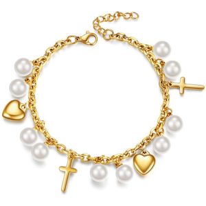 Modyle Zwart Zilver Kleur Rvs Hart Cross Wedding Armband Voor Vrouw Ronde Gesimuleerde Pearl Mode-sieraden