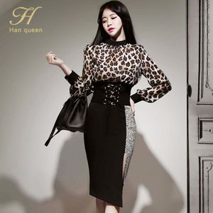 H Han Koningin Vrouwen Werken 2 Delige Set Elegante V-hals Leopard Top & Onregelmatige Kleur Contrast Potlood Rok Eenvoudige Koreaanse rok Pak
