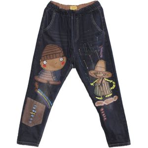 Harajuku Borduurwerk Nationale Wind Gat Jeans Afdrukken Cartoon Jeans Elastische Taille Harembroek Radijs Denim Harembroek Plus Size