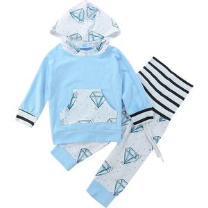 Baby Jongens Katoen Diamant Afdrukken Tops Broek Set Blauw Casual Stiksels Kleding Met Hoed Herfst Winter Lange Mouwen Outfits
