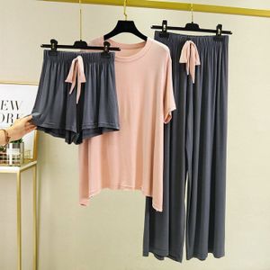 Fdfklak Korte Mouwen Shorts + Broek Vrouwen 3 Pcs Thuis Pak Zomer Pyjama Modal Nachtkleding Pyjama Femme Slapen kleding