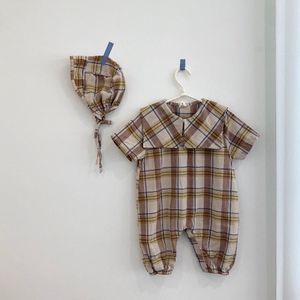 3449 Britse Plaid Baby Meisjes Jongens Romper Met Hoed Wassen Katoen Tweedelige Set Lange Mouw Babykleding Overalls Voor kids