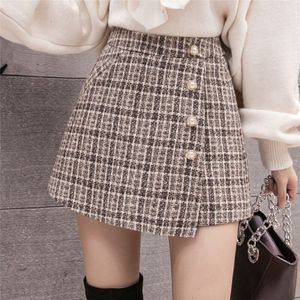 Mode Tweed Plaid Shorts Rokken Womens Herfst Winter Enkele Breasted Hoge Taille Wollen Shorts Vrouw Casual Broek