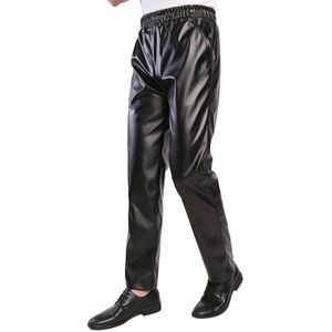 Idopy Mannen Business Regular Fit Stretchy Comfy Zwart Faux Lederen Broek Jeans Broek Broek Elastische Taille Voor Mannelijke