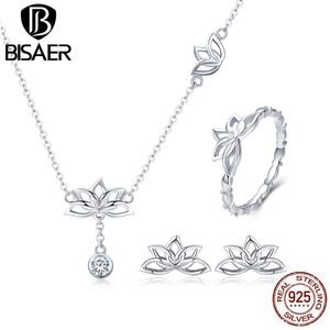 Bisaer Echt 925 Sterling Zilveren Lotus Bloem Oorbellen Ring Kettingen Vrouwen Sieraden Sets Voor Vrouwen Sterling Zilveren Sieraden WES067