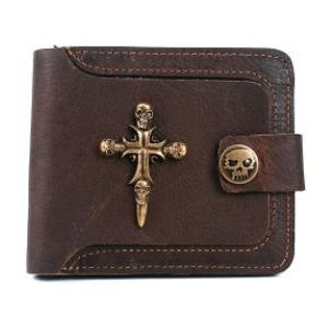 Brand Mannen Vintage Korte Portemonnee Jongens Goth Skull Head Cross Zwart Pu Leather Biker Punk Snap Rits Portemonnee Met lange Sleutelhanger