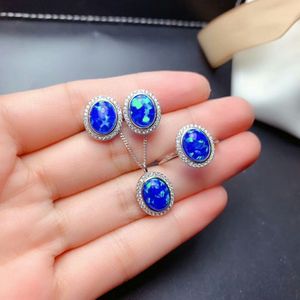 Meibapj Blue Opal Edelsteen Ellips Oorbellen Ring En Ketting 3 Stuks Siut Voor Vrouwen Echt 925 Sterling Zilveren Fijne Sieraden set