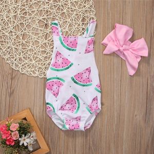 Pasgeboren Baby Meisje Romper Baby Meisjes Kleding Mouwloze Watermeloen Backless Jumpsuit + Hoofdband 2 Stuks Outfits Sunsuit 0-2Y