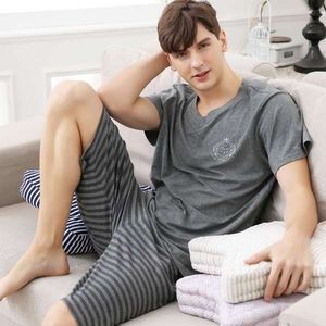 Zomer Korte Mouw Katoen V-hals Pyjama Sets Voor Mannen Gestreepte Broek Nachtkleding Mannelijke Homewear Pijama Lounge Wear Thuis Kleren