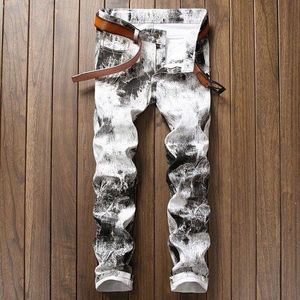 3D Wit Gedrukt Mannen Jeans Mode Mannelijke Unieke Katoenen Stretch Jeans Man Casual Karakter Patroon Biker jeans