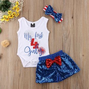 Gloednieuwe Baby Peuter Pasgeboren Baby Jongen Meisje Romper amerikaanse Vlag Tops Sequin Pant Hoofdband Kleding 3 stks Outfit Set 0-24 M