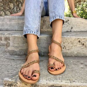 Vrouwen Sandalen Gouden Flip-Flop Sandalen Lederen Dames Platte Casual Comfortabele Strand Rome Platte Sandalen Vrouwen Zomer Schoenen