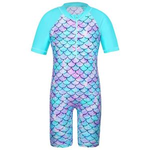 Baohulu UPF50 + Meisjes Een Stuk Badmode Kids Korte Mouwen Vis Schaal Cyaan Rash Guards Zomer Kinderen Beach Badkleding