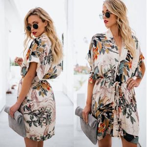 Zomer Gedrukte Bloem Strand Jurk Vrouwen Kaftan Bikini Cover Up Side Split Tuniek Cape Losse Jurk Vest Zonnejurk