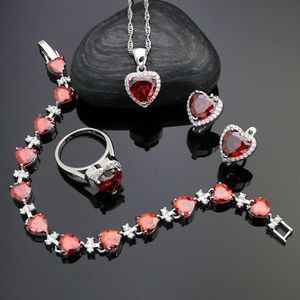 Hartvormige Sieraden Sets Van 925 Zilver Voor Bruid Rode Zirconia White Crystal Oorbellen/Hanger/Ketting/ring/Armband