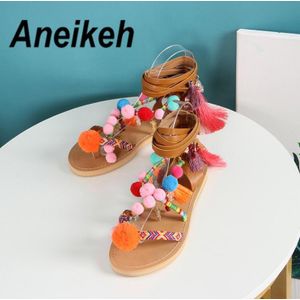 Aneikeh Zomer Mode Sandalias Pompones Suede Pom Pom Gladiator Sandalen Vrouwen Lace up Knie Hoge Platte Sandaal Vrouwen Schoen