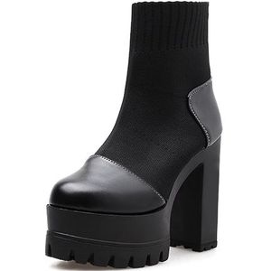 Gdgydh Hoge Hak Enkellaars Vrouwen Slip Op Ronde Neus Rubberen Zool Herfst Platform Hakken Laarsjes Sok Laarzen Stretch Stof schoenen