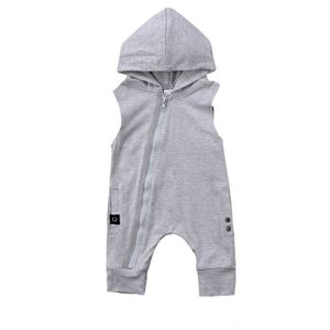 0-24M Casual Mode Baby Meisjes Jongens Katoenen Mouwloze Hooded Zipper Grijs Knop Pocket Romper Outfit Zomer Baby kleding