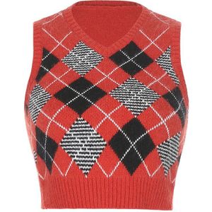 Argyle Preppy Stijl Y2k Cropped Tops Vrouwen Plaid Breien Vintage Vest Tops Herfst Mode 90S Knitwear Koreaanse Cuteandpsycho