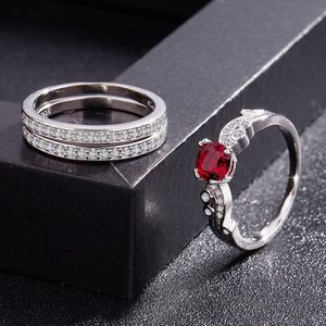 3 set Luxe Zirkoon Wedding Ruby/Granaat Rode Ring Voor Vrouwen Met Verharde Micro Crystal Silver Kleur Bridal Engagement sieraden