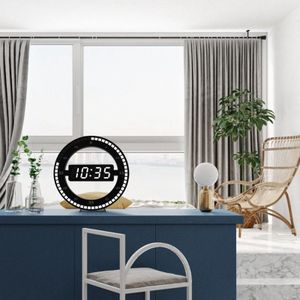Elektronische Klok 3D Hollow Led Digitale Automatische Aanpassing Helderheid Ronde Thuis Wandklok Met Us Plug Zwart Plastic