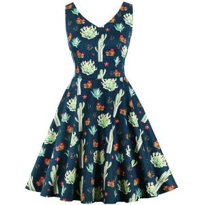 Tonval Multicolor Cactus Print Mouwloze Vintage Gewaden 50S Pinup Een Lijn Jurk V-hals Vrouwen Zomer Katoen Plus Size jurk