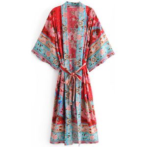 Boho Queens Vrouwen Rode Bloemenprint Sjerpen Bohemian Kimono Dames V-hals Batwing Mouwen Maxi Gewaad Cover-Up
