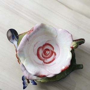 3D Bone China Rose Koffiekopje Met Schotel Thee Cup Keramische Cup Met Lepel Ontbijt Melk Cups Beste cadeau Voor Liefhebbers