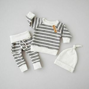 3PCS Pasgeboren Baby Jongens Meisjes Fastener t-shirt Broek Hoed Gestreepte Outfits Katoenen Kleding