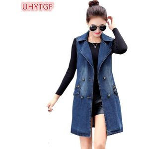 UHYTGF Herfst denim vest vrouwen Koreaanse Plus size Breasted mouwloze jean dames lange vest elegante vrouwen coats153