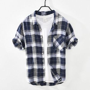 Zomer En Lente Mannen Retro Plaid Korte Mouw Linnen Shirt Jeugd Dunne Ademende Werkkleding Blauw Top GD