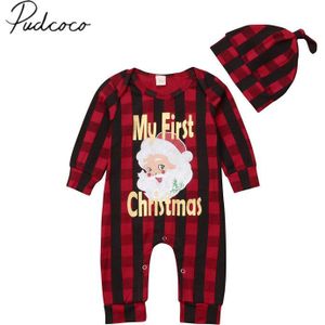 Gloednieuwe Peuter Kids Baby Meisjes Jongens Herfst Winter Xmas Romper + Hoeden 2 stks Kerstman Print Plaid lange Mouw Jumpsuit