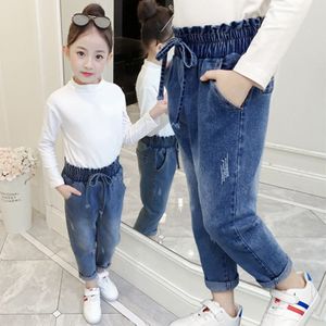 Herfst Winter Tiener Meisjes Losse Denim Broek Kinderen Meisjes Elastische Casual Jeans Leggings Kinderen Hoge Taille Broek Q51