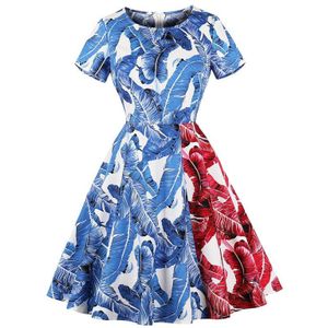 Tonval Tropische Print Blauw En Rood Patchwork Vrouwen Vintage Stijl Katoen Jurken O Hals Elegante Partij Plus Size Retro Jurk