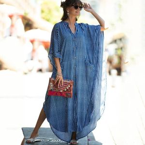 Gestreepte Oversize Tuniek Voor Beach Bikini Cover Up Lange Shirt Gewaad Strand Jurk Losse Beach Wear Blouse Swim pak Cover Up