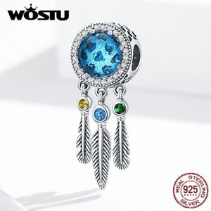 WOSTU Dreamcatcher Dangle Feather Charms Echt 925 Sterling Zilveren Blauwe Glazen Kralen Fit Originele Armband Hanger Sieraden FIC1384