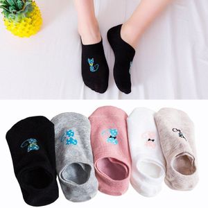 5 Pairs vrouwen Katoenen Sokken Slippers Zomer Korte Onzichtbare Anti-slip dame Boot Sokken Cartoon Animal Print grappige Leuke Sokken